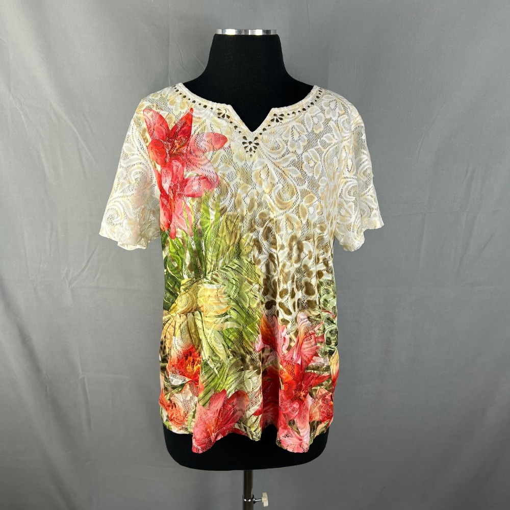 Alfred Dunner Blouse Top Womens Medium Multicolor Lace Floral Split Neck Casual